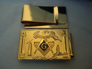 Gold tone Masonic working tools money clip